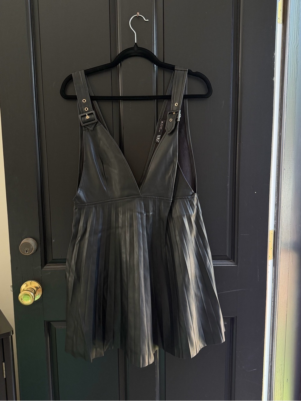 Zara Black Faux Leather Pleated Pinafore Mini Dress